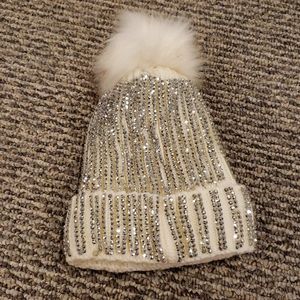 White Rhinestone PomPom Hat (NWT)